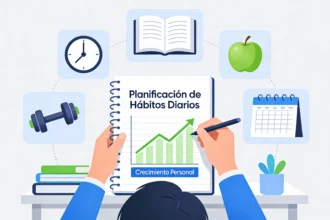 Ilustración de una persona planificando sus hábitos diarios en un escritorio ordenado, con iconos de reloj, libro, manzana, pesa y calendario que representan hábitos inteligentes y productividad personal.