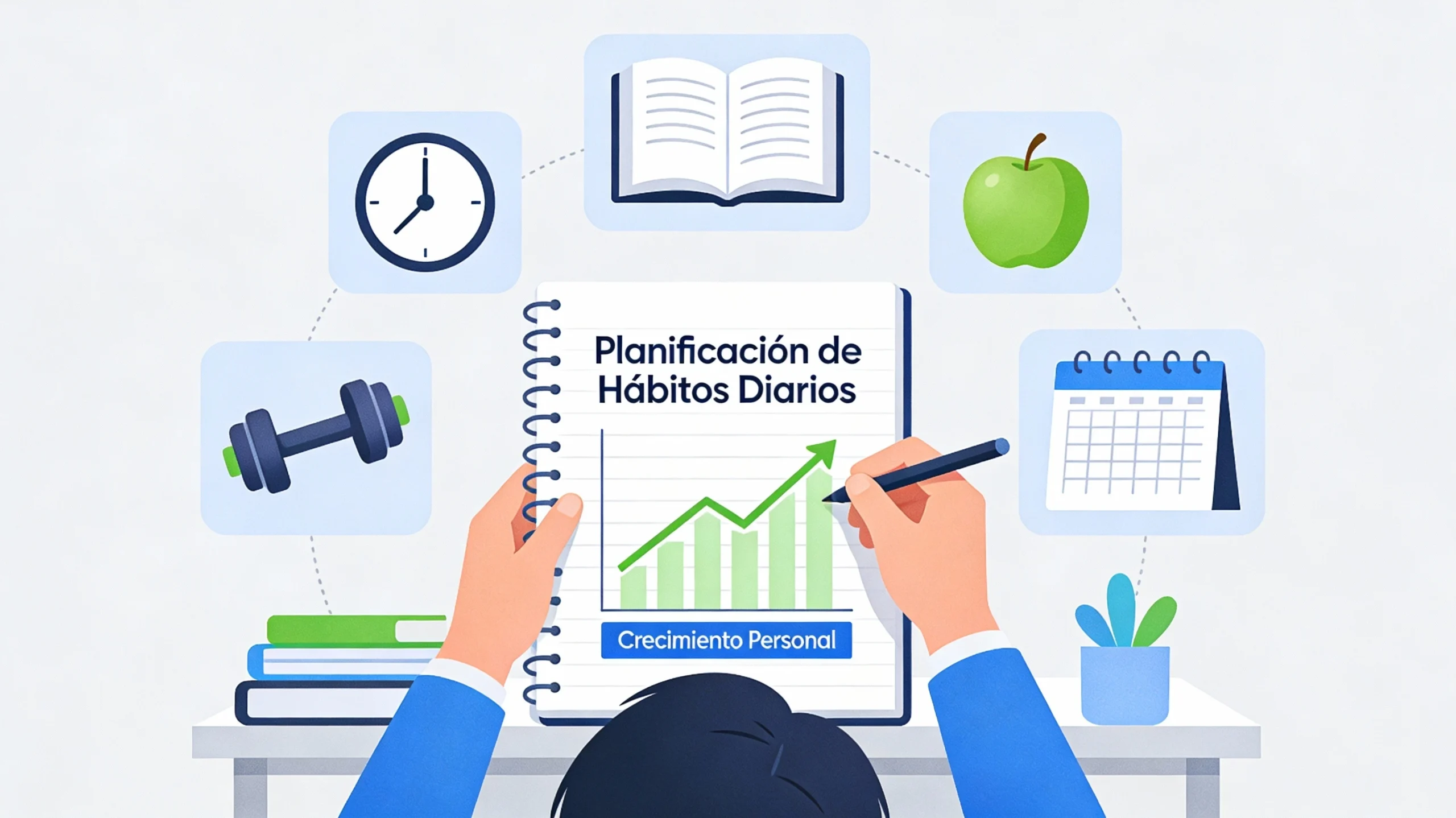 Ilustración de una persona planificando sus hábitos diarios en un escritorio ordenado, con iconos de reloj, libro, manzana, pesa y calendario que representan hábitos inteligentes y productividad personal.