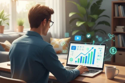 Persona trabajando desde casa con un portátil y gráficos de crecimiento, representando cómo ganar dinero por internet de forma real y sostenible.