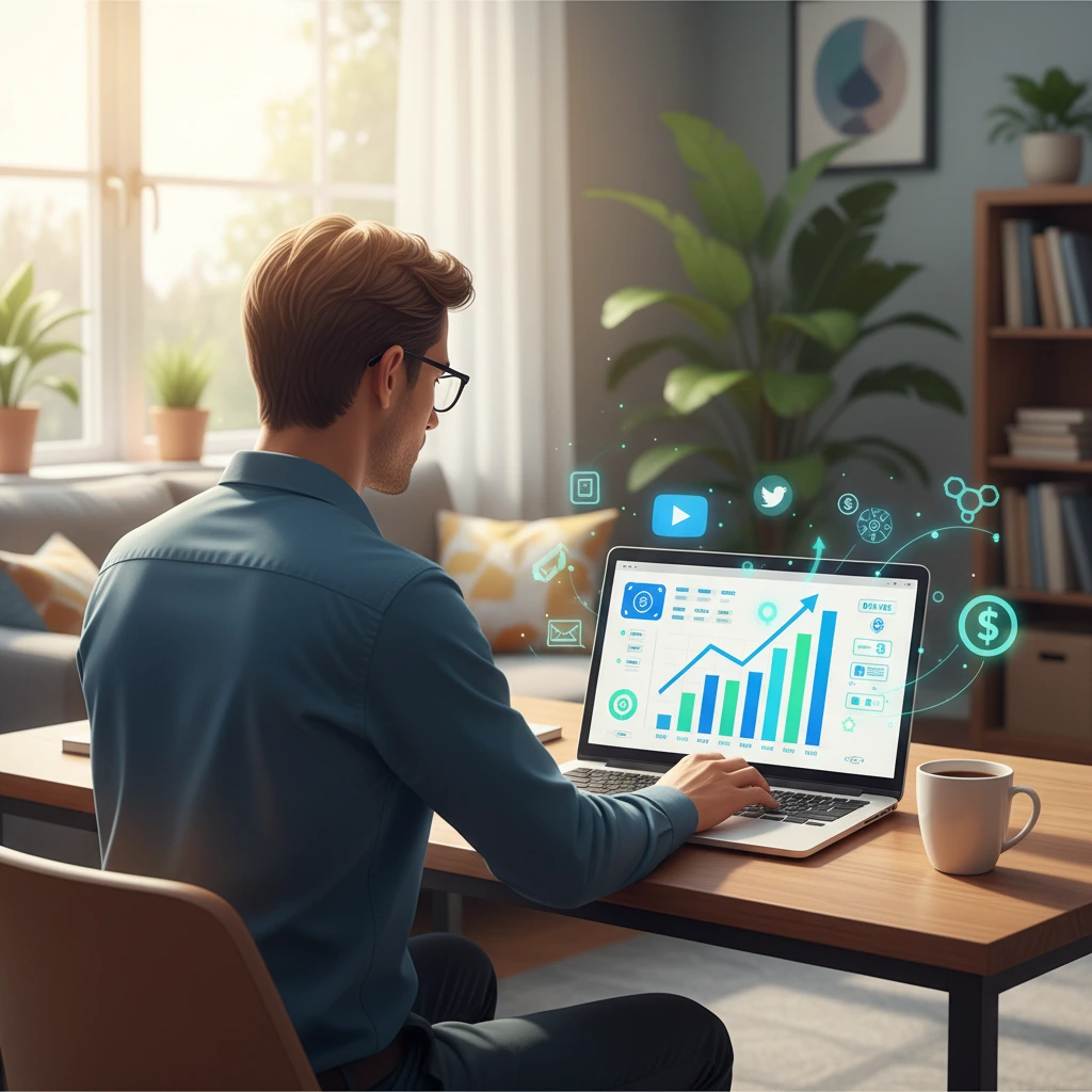 Persona trabajando desde casa con un portátil y gráficos de crecimiento, representando cómo ganar dinero por internet de forma real y sostenible.