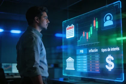 Trader latino analizando gráficos de precios y datos macroeconómicos en varias pantallas, aplicando análisis fundamental en el trading