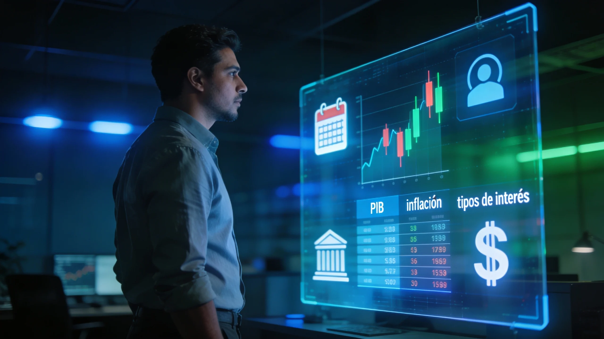 Trader latino analizando gráficos de precios y datos macroeconómicos en varias pantallas, aplicando análisis fundamental en el trading