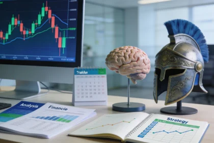 Ilustración profesional que representa los conceptos principales del trading con gráficos, datos económicos, gestión del riesgo, psicología y planificación sobre un escritorio moderno.