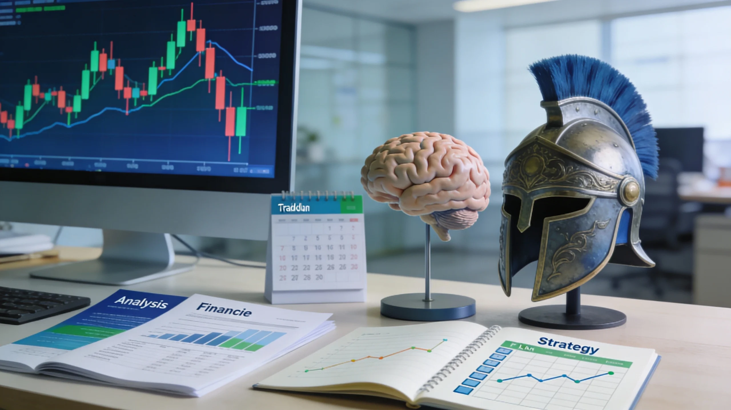 Ilustración profesional que representa los conceptos principales del trading con gráficos, datos económicos, gestión del riesgo, psicología y planificación sobre un escritorio moderno.