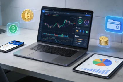 Escritorio moderno con portátil, móvil y tablet mostrando gráficos de criptomonedas, acciones y bonos, representando inversiones digitales y diversificación de cartera para principiantes.