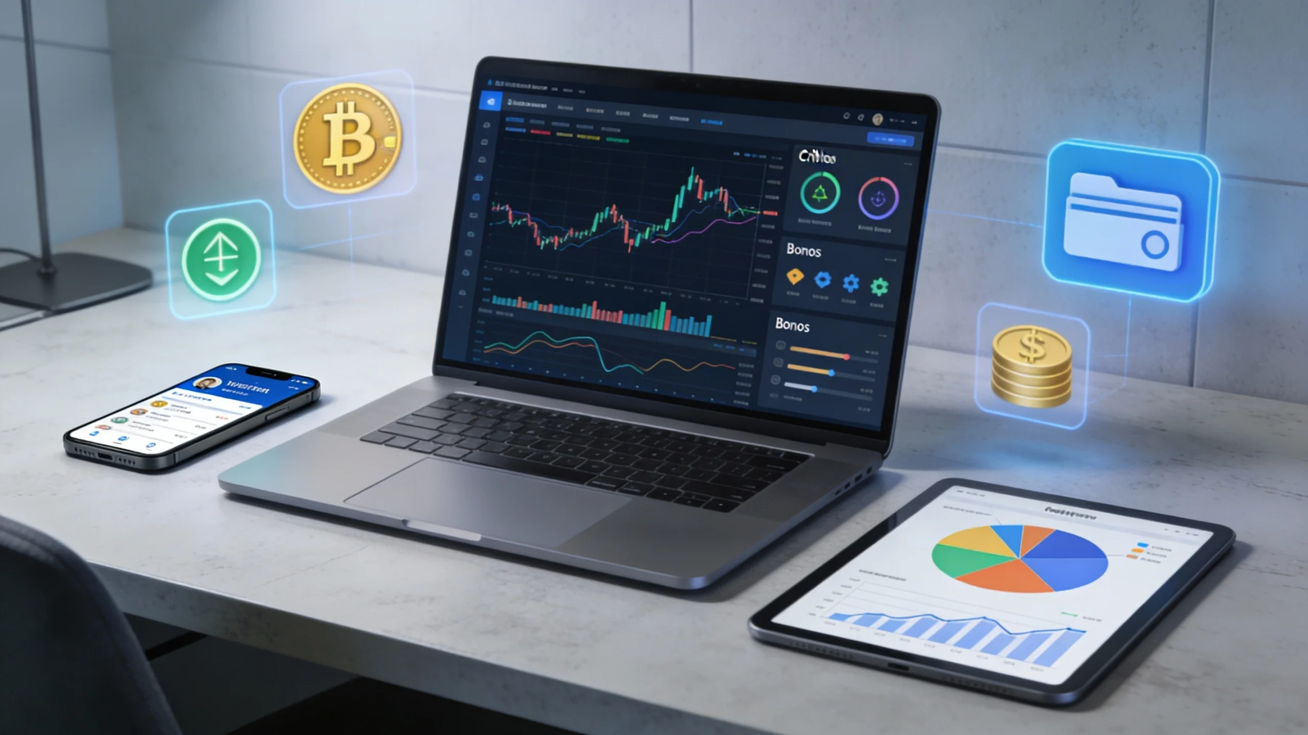 Escritorio moderno con portátil, móvil y tablet mostrando gráficos de criptomonedas, acciones y bonos, representando inversiones digitales y diversificación de cartera para principiantes.