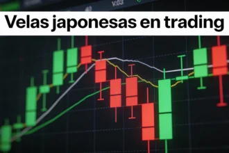 Gráfico financiero con varias velas japonesas alcistas y bajistas, sobre un fondo oscuro minimalista de plataforma de trading.