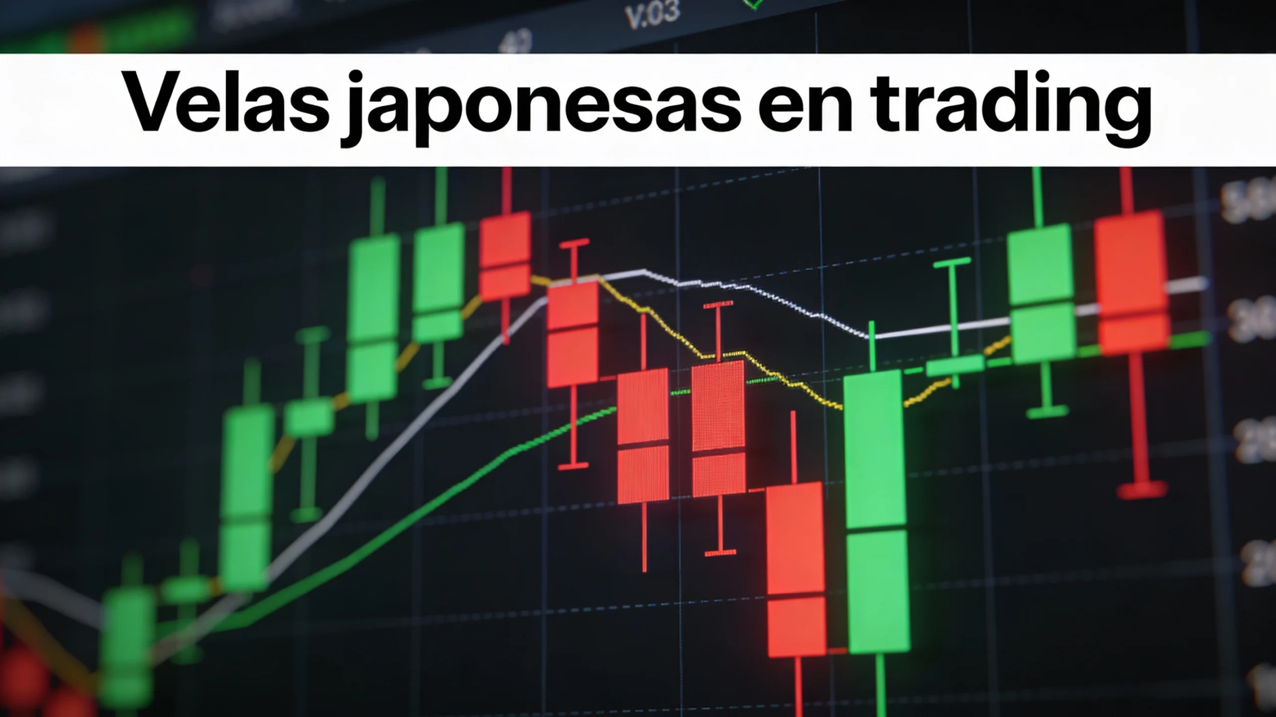 Gráfico financiero con varias velas japonesas alcistas y bajistas, sobre un fondo oscuro minimalista de plataforma de trading.