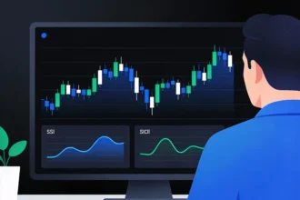 Gráfico de precios con velas japonesas e indicadores técnicos en una pantalla de trading, observado por un trader de espaldas en un escritorio moderno.
