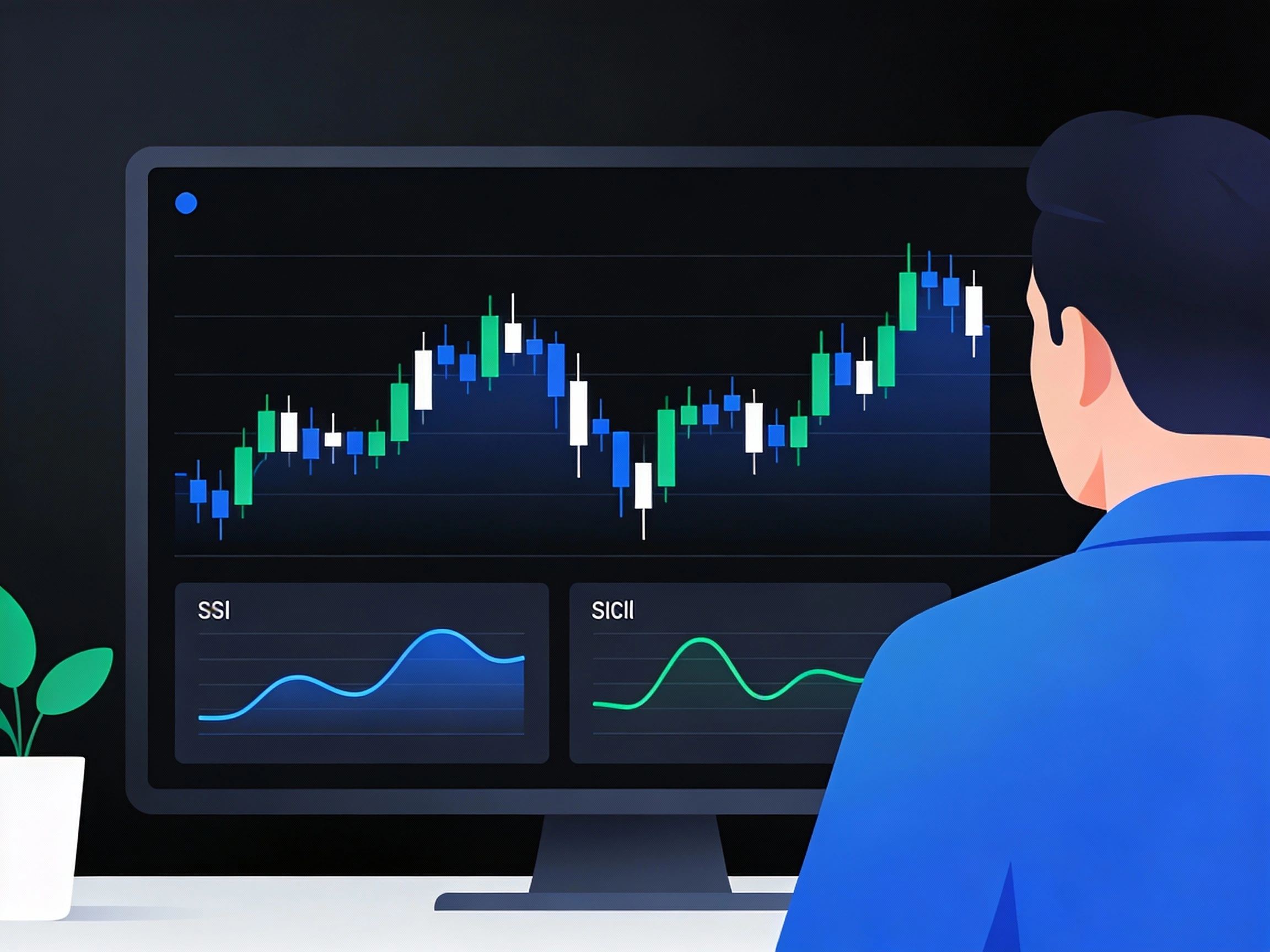 Gráfico de precios con velas japonesas e indicadores técnicos en una pantalla de trading, observado por un trader de espaldas en un escritorio moderno.