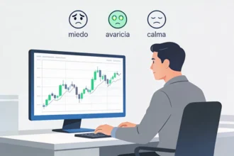Trader sentado frente a una pantalla con un gráfico de precios y pequeños iconos de emociones sobre su cabeza, representando el control emocional en el trading.
