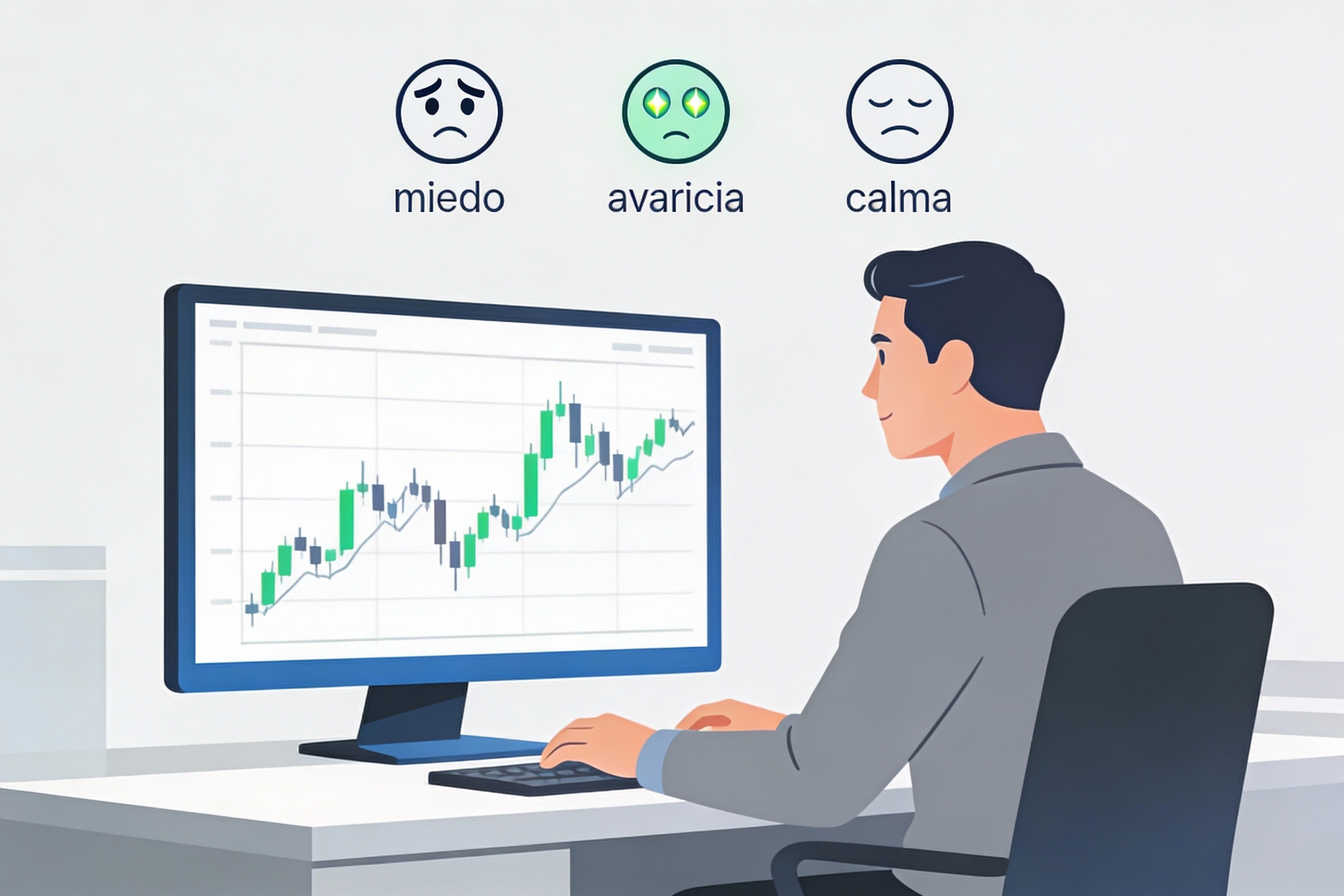 Trader sentado frente a una pantalla con un gráfico de precios y pequeños iconos de emociones sobre su cabeza, representando el control emocional en el trading.