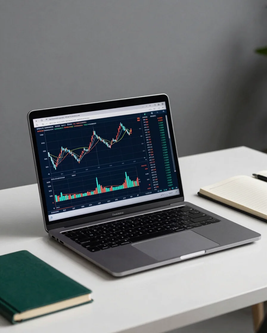 Clean modern desk setup in Colombia with laptop displaying techni