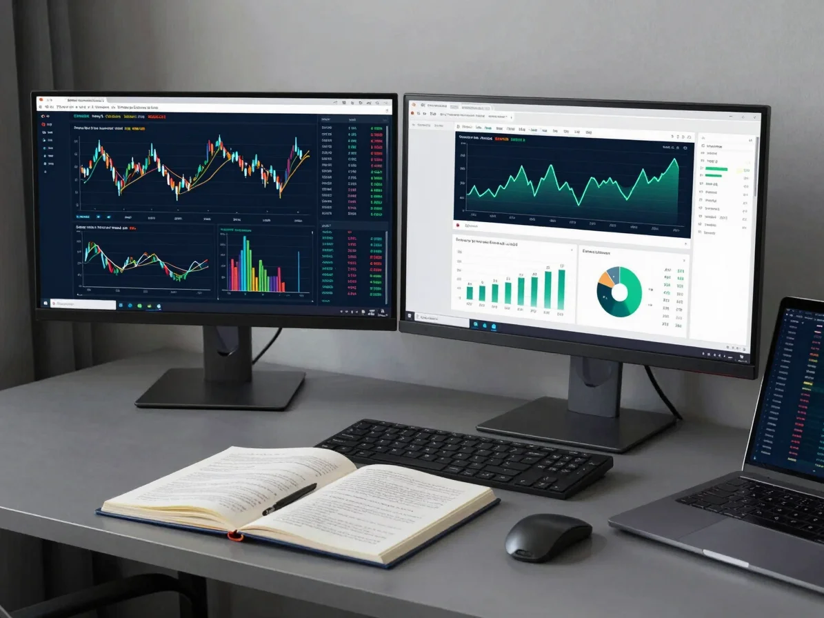 Organized modern desk with clean technical analysis charts on two